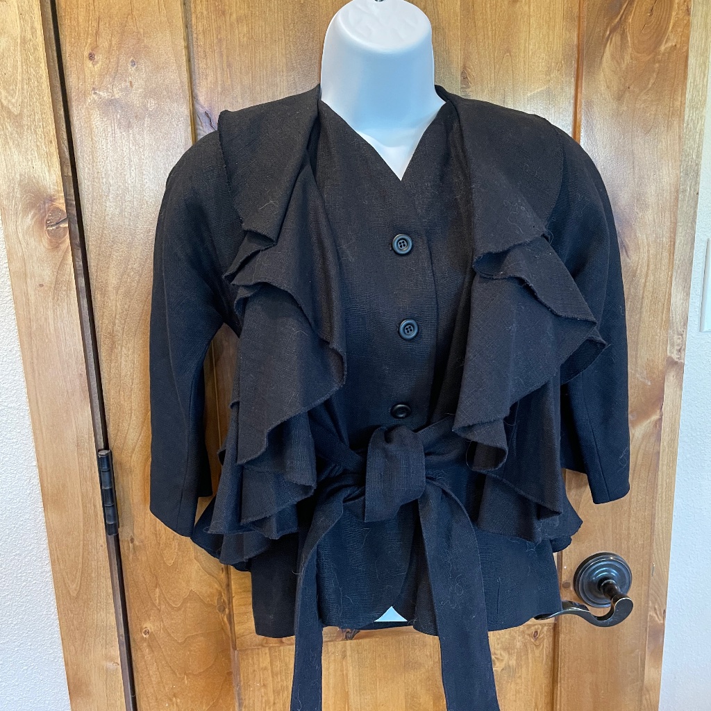Dan R New York Black Linen Peplum Ruffled Belted Cropped Jacket Blazersize 2